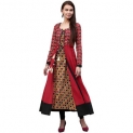 Jaipur Kurti Women’s Maroon Cotton 2pc Kalidaar Long Kurta with Embroidery & heavy Tassels
