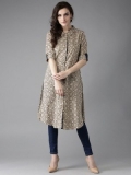 Women Beige & Brown Printed A-Line Kurta