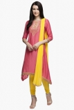 Womens Round Neck Solid Embroidered Churidar Suit