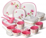 Nayasa Printed Plastic Dinner Set, 32-Pieces, Pink