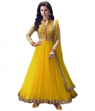 Yellow and Beige Net Anarkali Semi-Stitched Suit