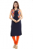 Women Printed Straight Kurta  (Dark Blue)