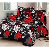 BSB Trendz 3D Printed Like Cotton Black Red Flower Printed Double Bedsheet