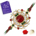 raksha bandhan Sukkhi Elegant Kundan Rakhi with Roli Chawal and Raksha Bandhan Greeting Card For Men (RAK73480)