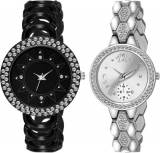 Black and Silver Imitation Diamond Jewellery Analog Watch