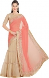 Applique Fashion Georgette Saree  (Orange, Beige)